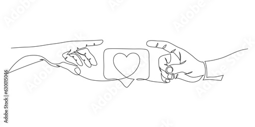 Hands reach for like in form of heart, in pursuit of public popularity in social networks, continuous line drawing, concept vector illustration