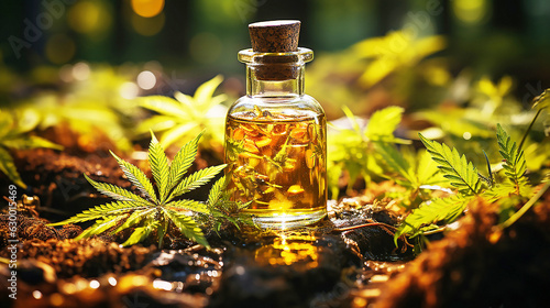 Cannabis essential oil in a small bottle on Nature background 