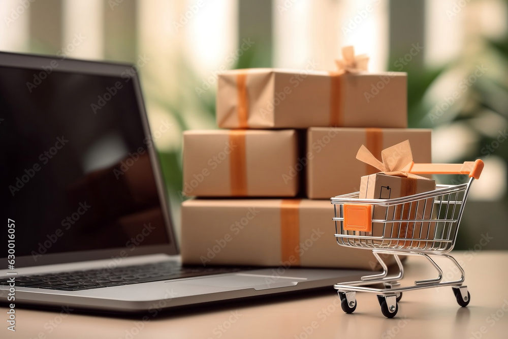 Tiny orange color shopping cart, parcels boxes and laptop computer with blurred background, delivery service, e-commerce, online shopping and marketplace concept.
