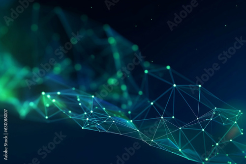 Neon glow low poly in green, digital andl network concept futuristic technology abstract landscape background. photo