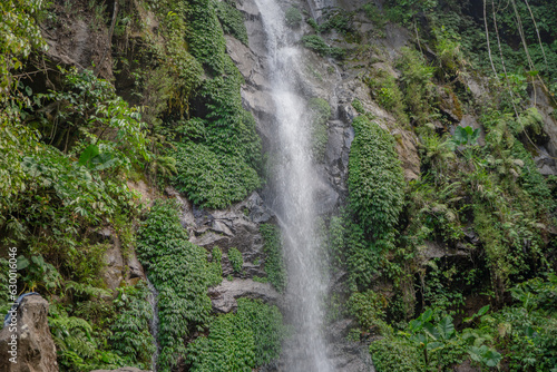 Small water fall on the tropical forest when rain season. The photo is suitable to use for adventure content media, nature poster and forest background.