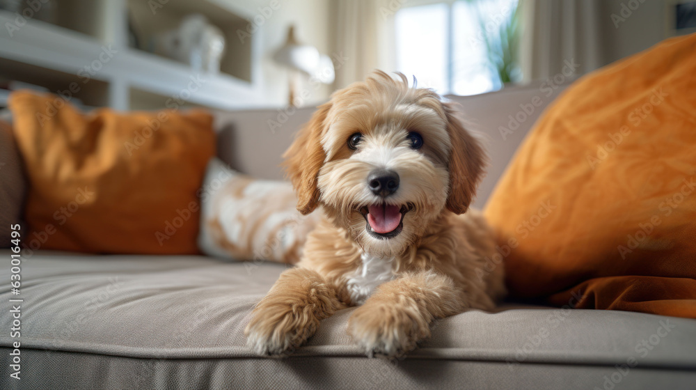 A cute furry puppy showing a happy smiley expression on the sofa A cute furry puppy showing a happy smiley expression on the sofa