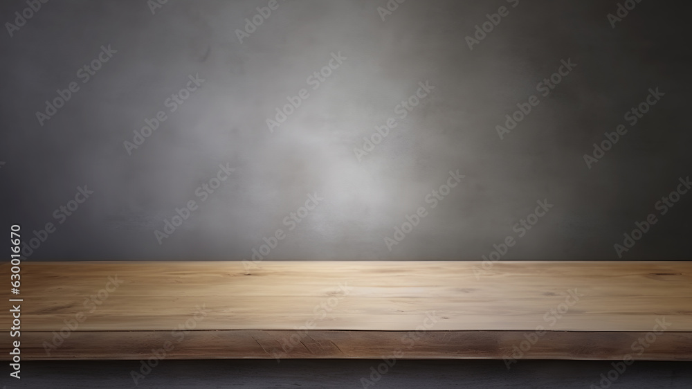 Empty rustic wood table on gray cement wall texture, for montage product display or design key visual layout. Generative AI Empty rustic wood table on gray cement wall texture, for montage product display or design key visual layout. Generative AI