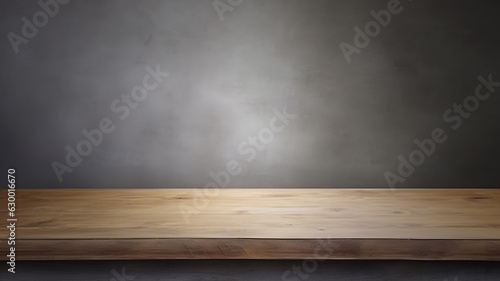 Empty rustic wood table on gray cement wall texture, for montage product display or design key visual layout. Generative AI