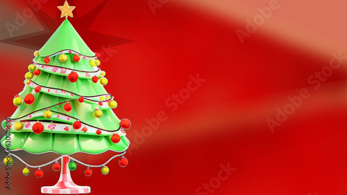  Green Christmas tree decorated with Christmas balls and candy trunk. gradient red background- Merry Christmas - greeting card - website, invitation, presentation, card, poster,, printable , banner