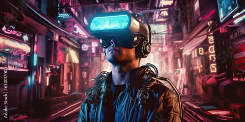 AI Generated. AI Generative. VR Virtual Reality headset glasses mask. Future innovation technology. Graphic Art © AkimD