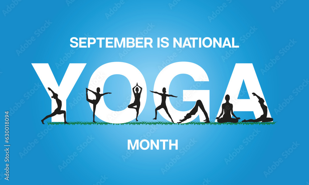 National Yoga Month design with big YOGA lettering and silhouette of