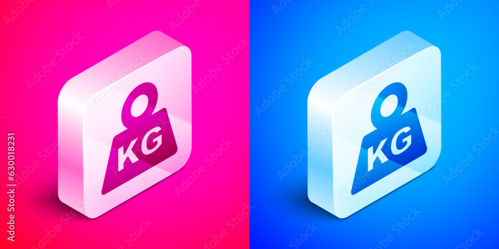 Isometric Weight icon isolated on pink and blue background. Kilogram weight block for weight lifting and scale. Mass symbol. Silver square button. Vector Isometric Weight icon isolated on pink and blue background. Kilogram weight block for weight lifting and scale. Mass symbol. Silver square button. Vector