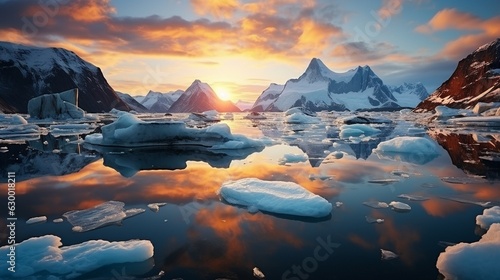 Antarctica's natural scenery with icebergs in the icefjord of Greenland during the midnight sun photo