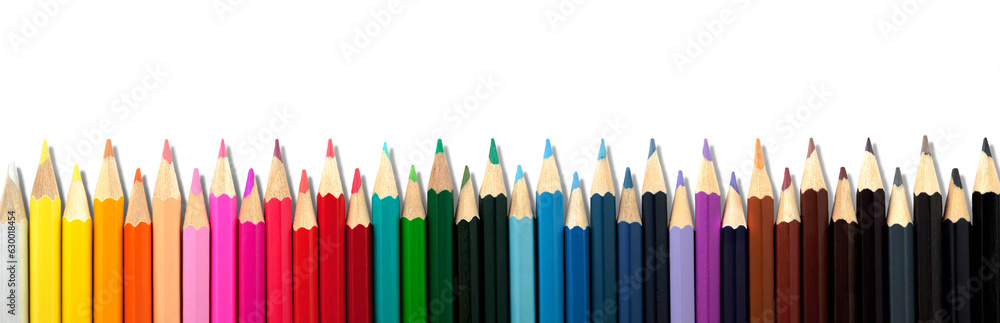 Colored pencils stacked in row on transparent white background. Panorama. Colored pencils stacked in row on transparent white background. Panorama.