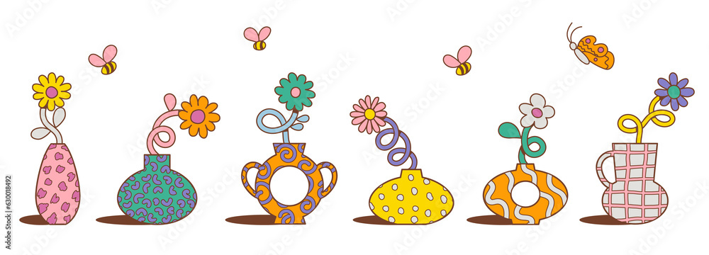 Colorful and cute retro cartoon flowers and vases. Collection of trendy vintage y2k floral, abstract and organic shapes, trendy and playful Groovy, funky, trippy, hippie, 60s, 70s aesthetic