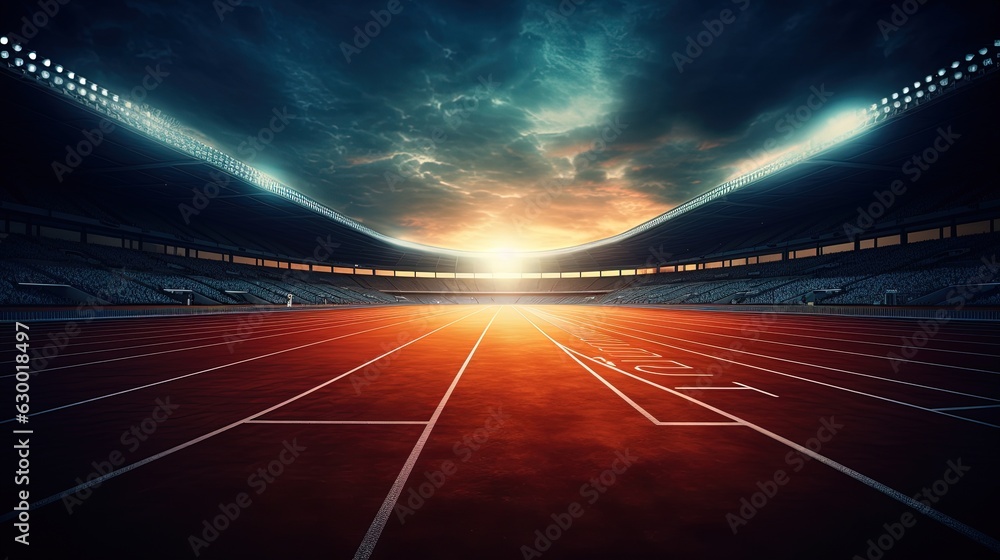 Photo of an empty running stadium, generated by AI - obrazy, fototapety, plakaty 