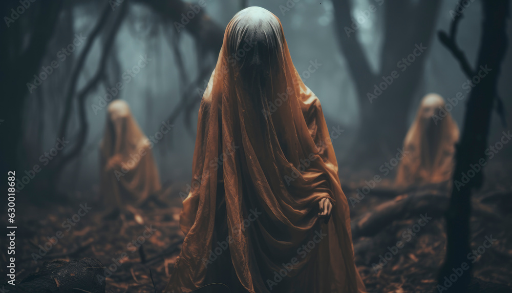 Obraz premium Ghost haunting in this spooky halloween image. Generative AI illustrations