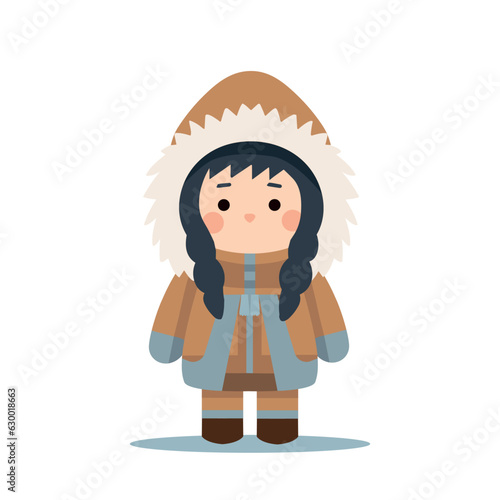 Cute eskimo girl in traditional snow fur coat. Chukchi girl in flat style isolated on white background. Vector stock