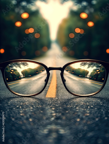 Road leading to a source of light behind an eyeglasses, with blur background, perspective of glasses sitting in road. AI generative