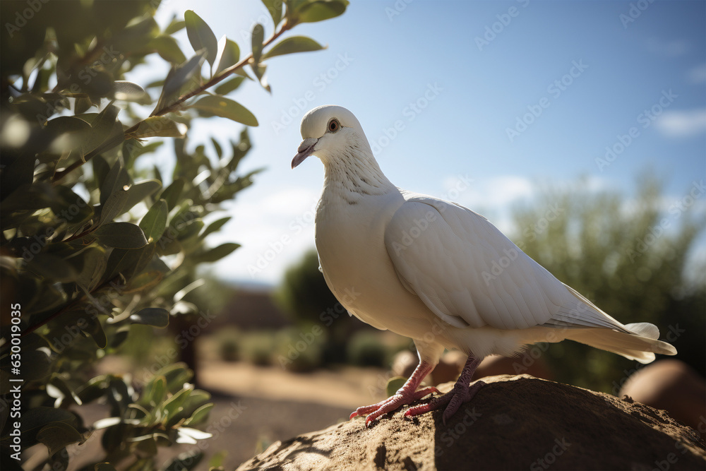 White peace dove sitting next to olive tree. White peace dove sitting next to olive tree.