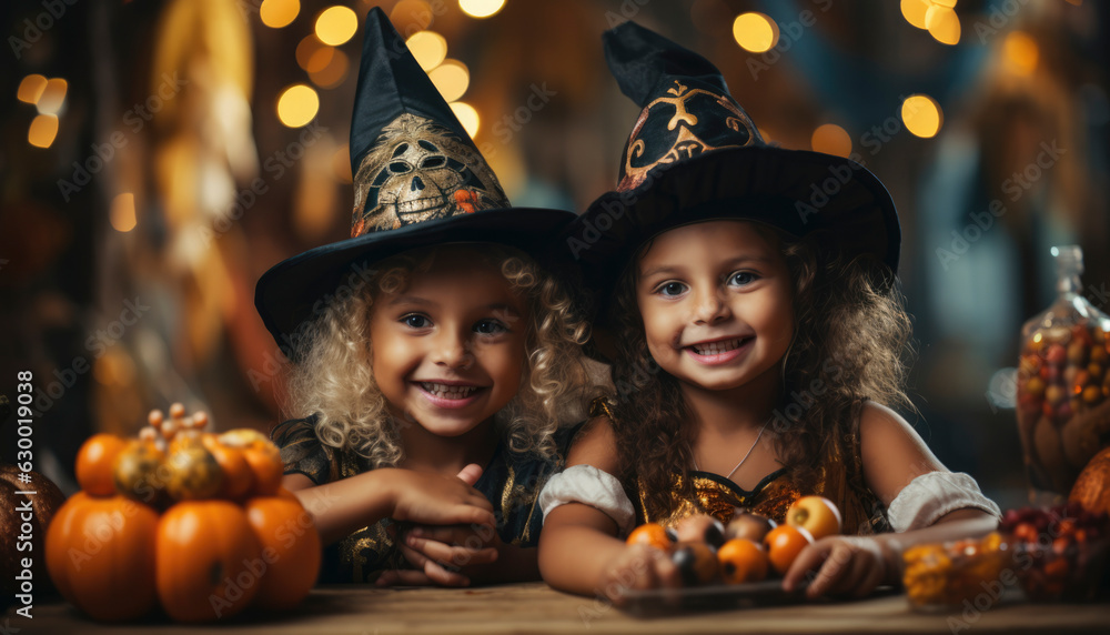 Halloween with kids ready for trick or treat. Generative AI illustrations Halloween with kids ready for trick or treat. Generative AI illustrations