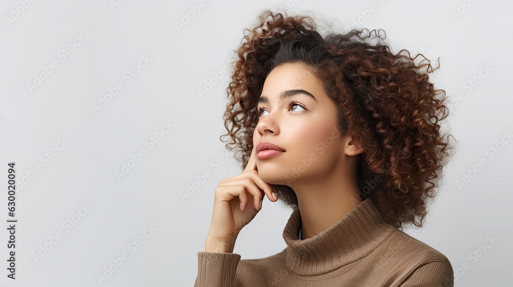 Portrait of thoughtful pensive young woman with curly hair . White studio background with copy space for text advertisement, ai generated