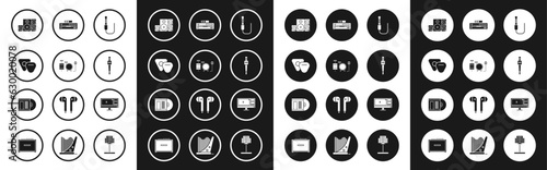 Set Audio jack, Drums, Guitar pick, Stereo speaker, Microphone, Music CD player, Video recorder or editor software monitor and Vinyl disk icon. Vector