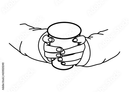 hand holding hot warm drink line art vector illustration