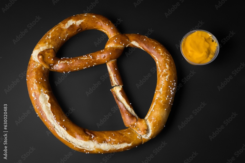 a pretzel next to an orange mustard dipping sauce a pretzel next to an orange mustard dipping sauce