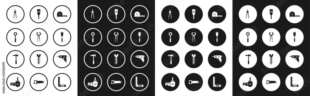 Set Roulette construction, Pincers and pliers, Wrench spanner, Drawing compass, Putty knife, Paint brush, Electric hot glue gun and Claw hammer icon. Vector Set Roulette construction, Pincers and pliers, Wrench spanner, Drawing compass, Putty knife, Paint brush, Electric hot glue gun and Claw hammer icon. Vector