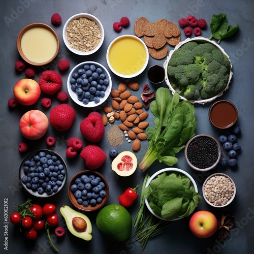 Selection of healthy food. Superfoods  various fruits and assorted berries  nuts and seeds.Generative AI