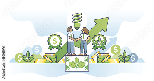 Sustainable investments and green ecological deal management outline concept. Responsible and nature friendly company with environmental business vector illustration. Financial agreement and growth.