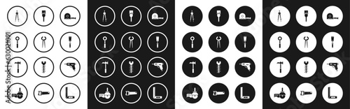 Set Roulette construction, Pincers and pliers, Wrench spanner, Drawing compass, Putty knife, Paint brush, Electric hot glue gun and Claw hammer icon. Vector