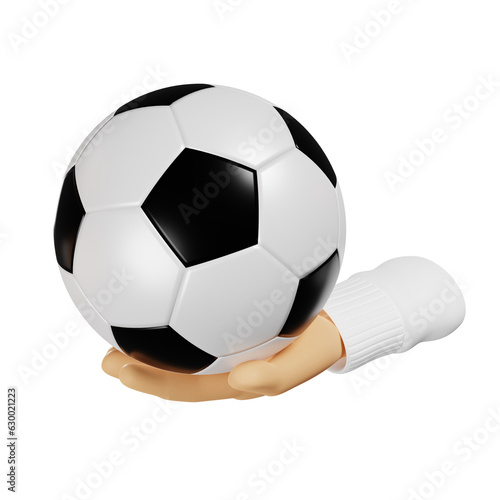   artoon 3D hand holds a soccer ball. Isolated illustration  3D rendering