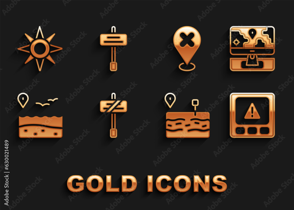 Set Road traffic sign, Monitor with location marker, Gps device error, Broken road, Location beach, cross, Wind rose and icon. Vector Set Road traffic sign, Monitor with location marker, Gps device error, Broken road, Location beach, cross, Wind rose and icon. Vector