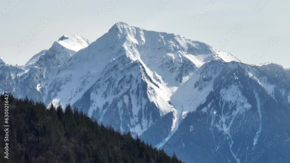 Aerial video of the scenic rocky mountains covered with snow and trees Aerial video of the scenic rocky mountains covered with snow and trees
