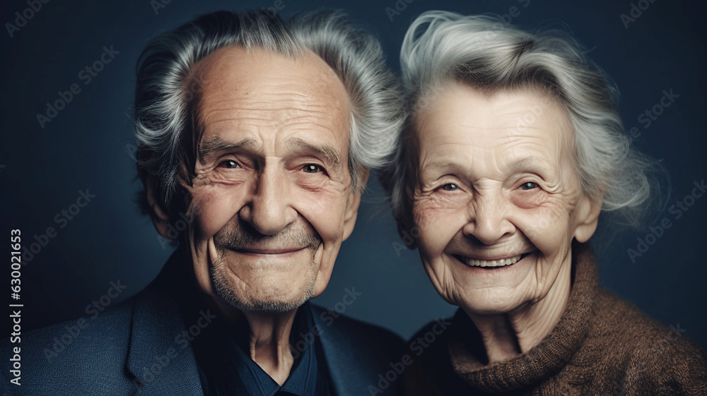 Happy aged man and woman. Portrait of elderly couple on dark background, close up. Happy old age. Nursing home. Grandma and grandpa