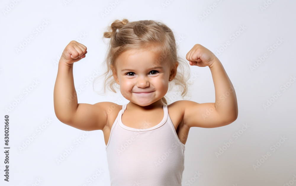 A little muscular strong child shows her biceps, isolated on white background A little muscular strong child shows her biceps, isolated on white background