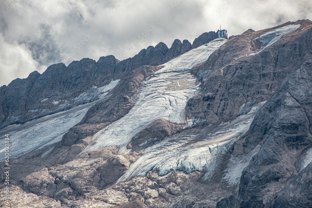 Close-up shot of a glacier located at the Marmolada Mountain in the Dolomites, South Tyrol, Italy