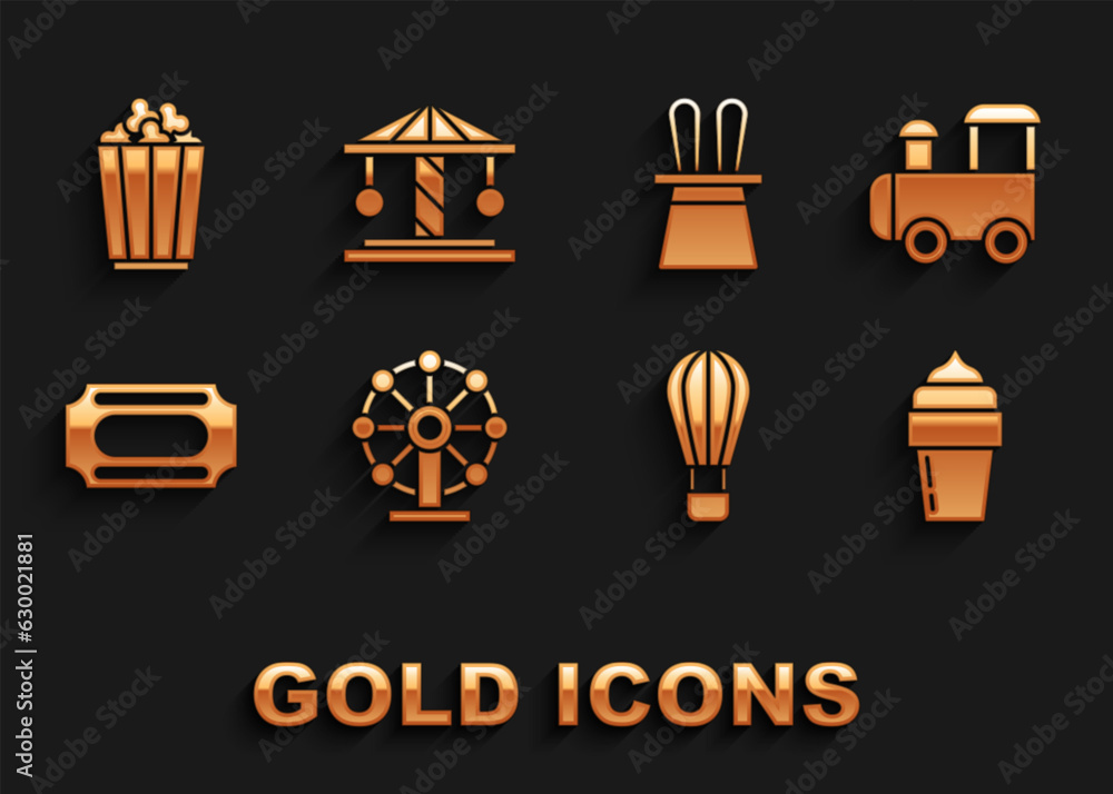 Set Ferris wheel, Toy train, Ice cream, Hot air balloon, Circus ticket, Magician hat and rabbit ears, Popcorn box and Attraction carousel icon. Vector Set Ferris wheel, Toy train, Ice cream, Hot air balloon, Circus ticket, Magician hat and rabbit ears, Popcorn box and Attraction carousel icon. Vector