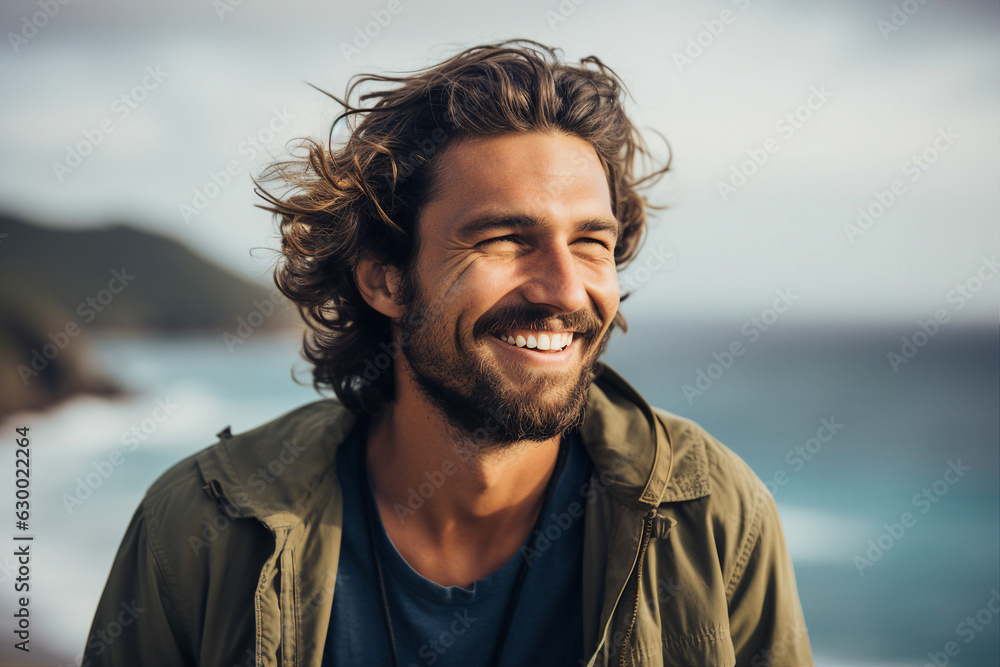 Generative AI portrait of handsome guy traveler surfer in touristic clothing enjoying ocean sea waves swimming time Generative AI portrait of handsome guy traveler surfer in touristic clothing enjoying ocean sea waves swimming time