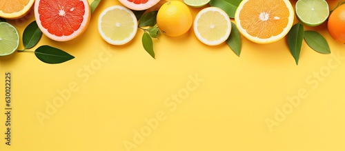 The background is made up of summer tropical fruits with leaves such as grapefruit  orange  tangerine 