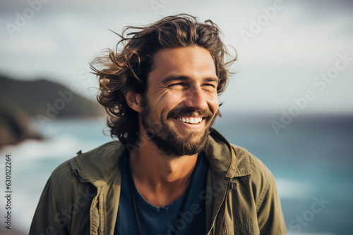 Generative AI portrait of handsome guy traveler surfer in touristic clothing enjoying ocean sea waves swimming time