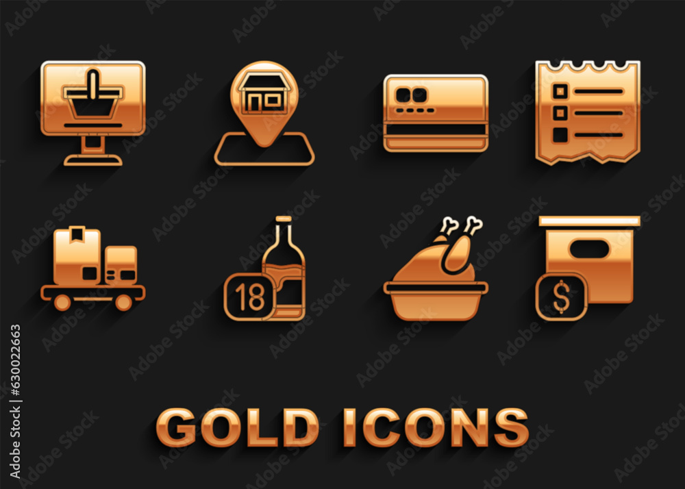 Set Wine bottle, Shopping list, Carton cardboard box with price, Roasted turkey or chicken, Hand truck and boxes, Credit, cart computer and Location Market store icon. Vector Set Wine bottle, Shopping list, Carton cardboard box with price, Roasted turkey or chicken, Hand truck and boxes, Credit, cart computer and Location Market store icon. Vector