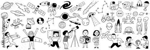 Children dream and learning about outer space, astronomy, cosmos, stars, solar system, planets, alien, ufo, etc. Cute character doodle, black and white ink style, outline, linear, thin line art.