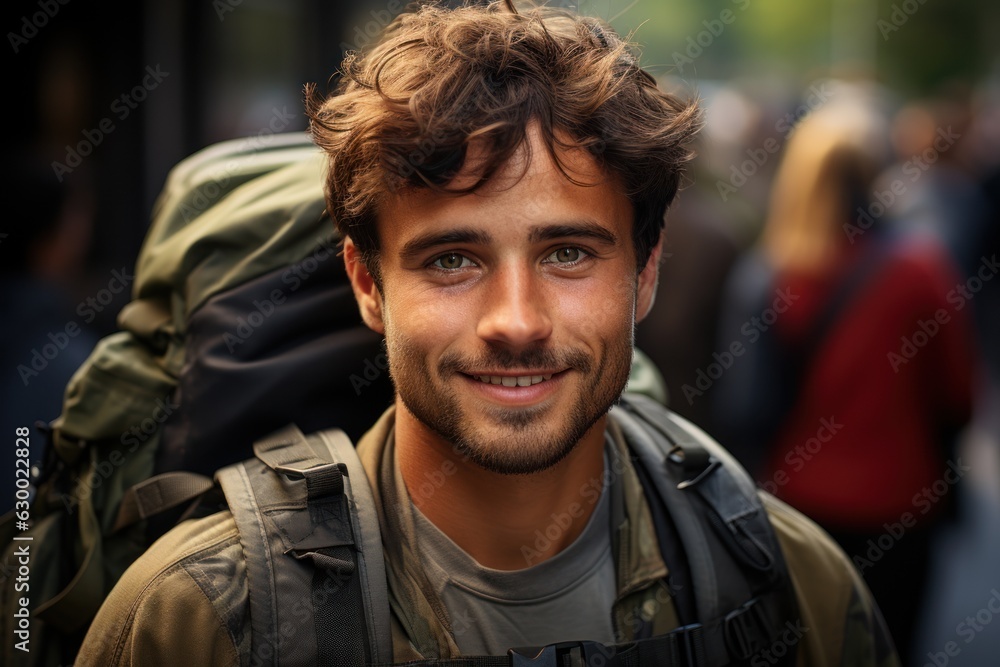Fototapeta premium A happy young soldier returning home from the army