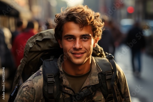 A happy young soldier returning home from the army