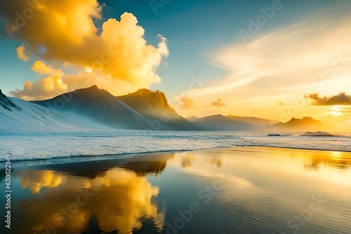 sunset over the lake, yellow clouds and white mountaines, reflection of clouds and mountaines in the water, beautiful veiw, beach © MISHAL