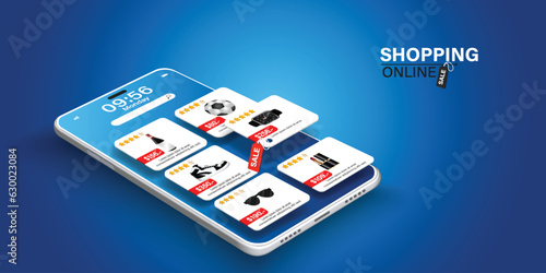 Ordering products online via mobile application.Smartphone app with product selection menu button floating above the phone on blue background.Convenient and fast online shopping via mobile app.