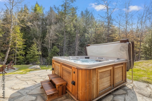 Foto Hot tub situated on a wooden patio, surrounded by lush greenery and a wooden pic