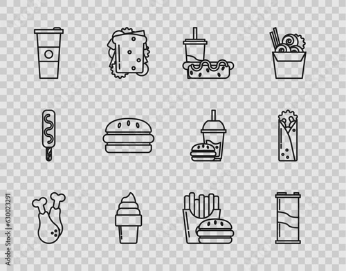 Set line Chicken leg, Soda can, Paper glass with drinking straw and hotdog, Ice cream waffle cone, water, Burger, french fries carton package box and Doner kebab icon. Vector