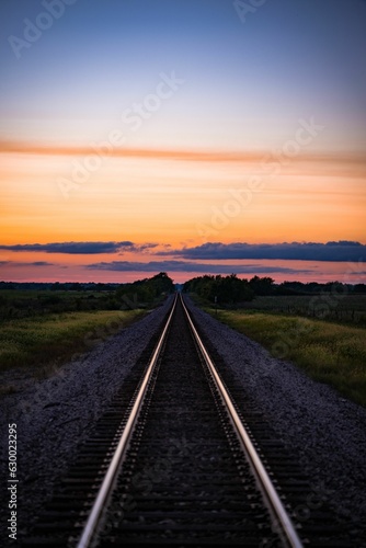 Scenic view of a railway track passing through an expansive meadow