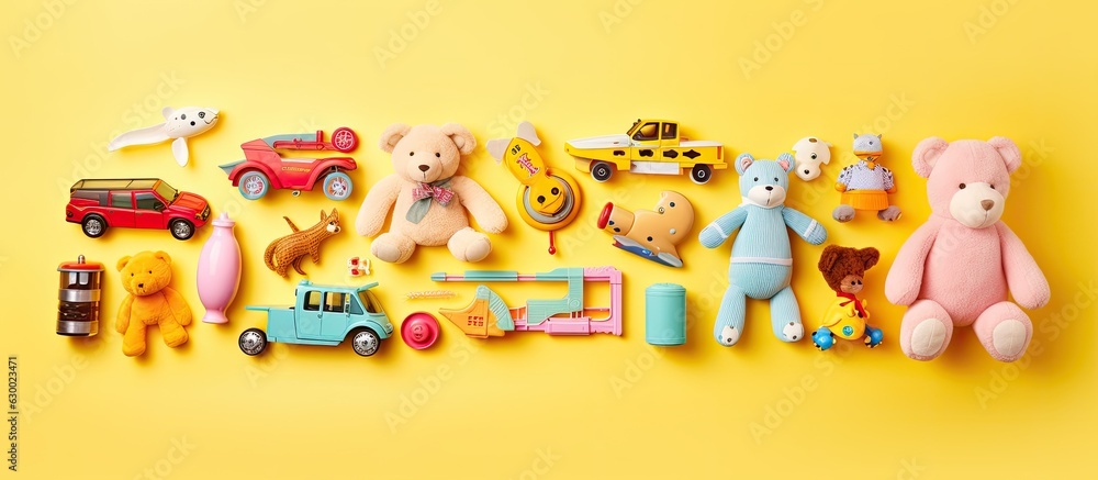 Fototapeta premium collection of baby and kids toys placed on a pastel yellow background. The photograph is taken from