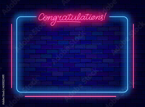 Congratulations neon announcement. Shiny lettering. Striped blue border. Winning frame. Vector stock illustration